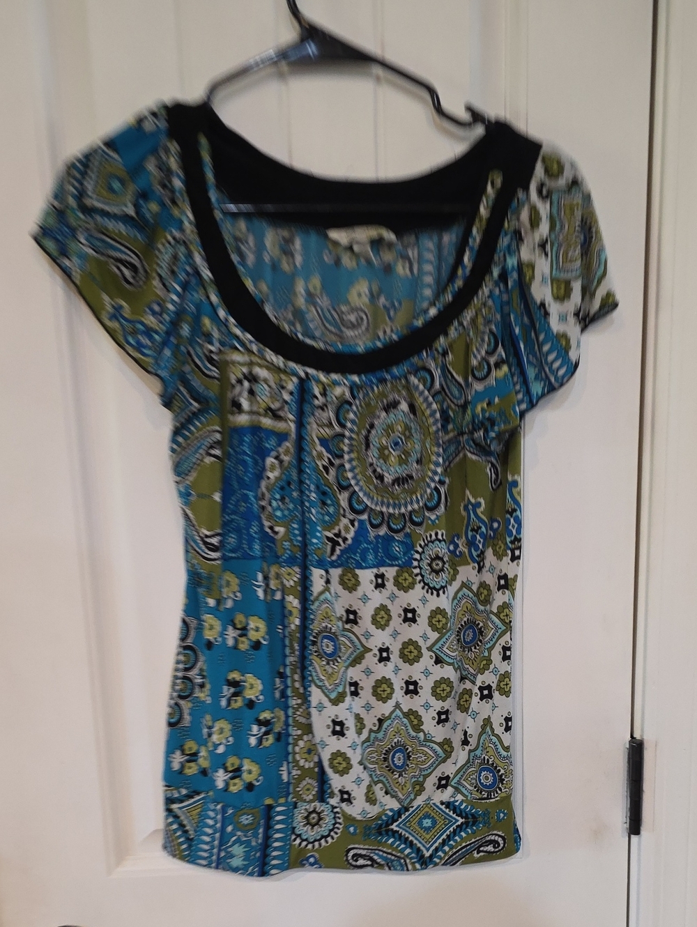 Women’s Paisley Patchwork Scoop Neck Top - Blue & Green